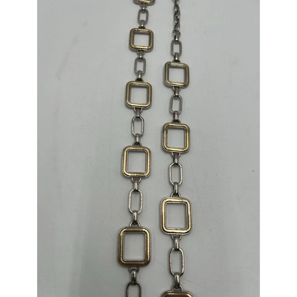 Vintage‎ Silver Gold Tone Geometric Square Link Chain Belt Adjustable 24